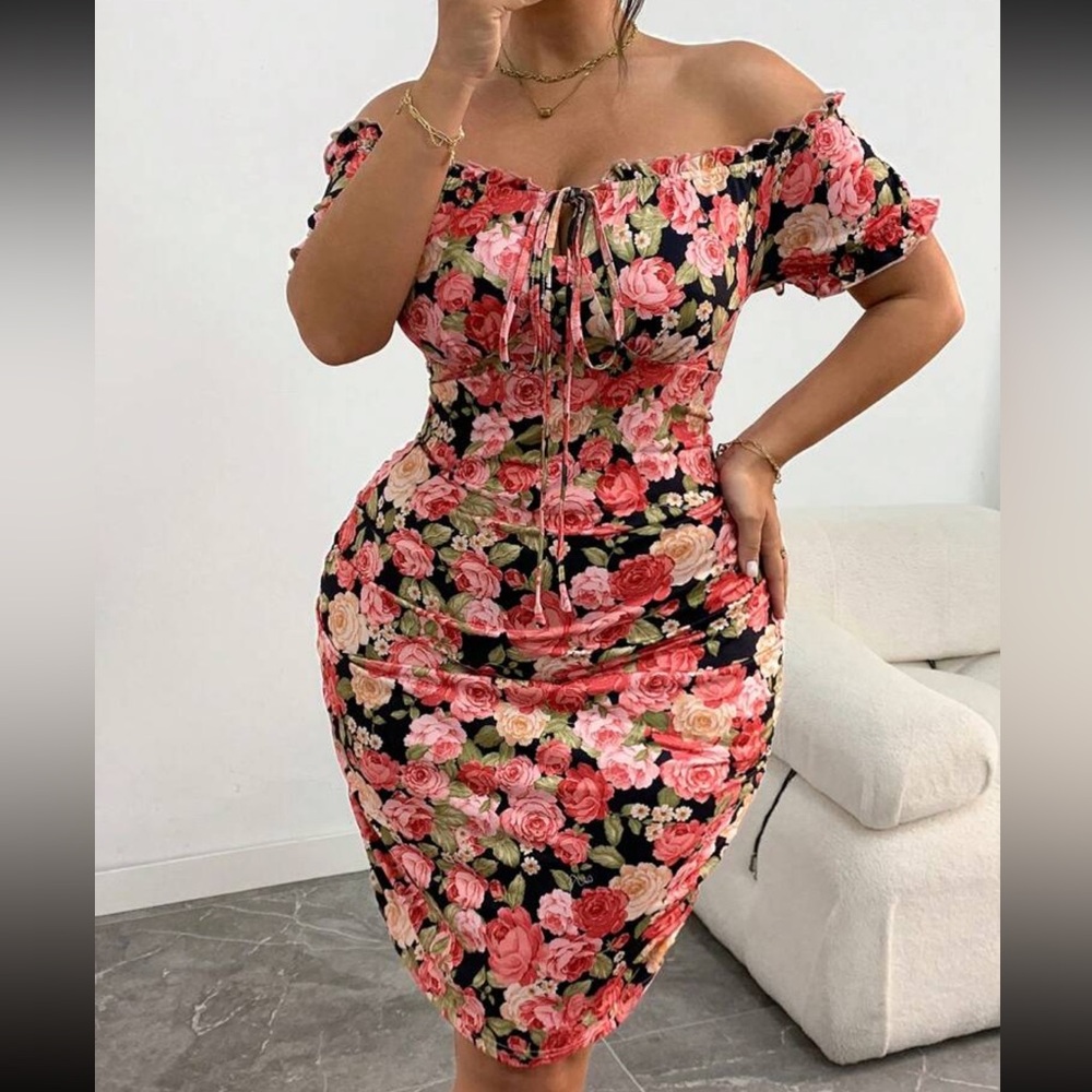 Boho Plus Size Off Shoulder Floral Print Bodycon Fitted Ruched Dress